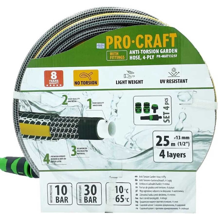 Prokraft PR-4KAT 1325F, Kerti tömlő/slag, UV álló, 2 db gyors fejjel, 1 db toldó fejjel és 1 db szoró fejjel, 25 m, 1/2, 30 bar