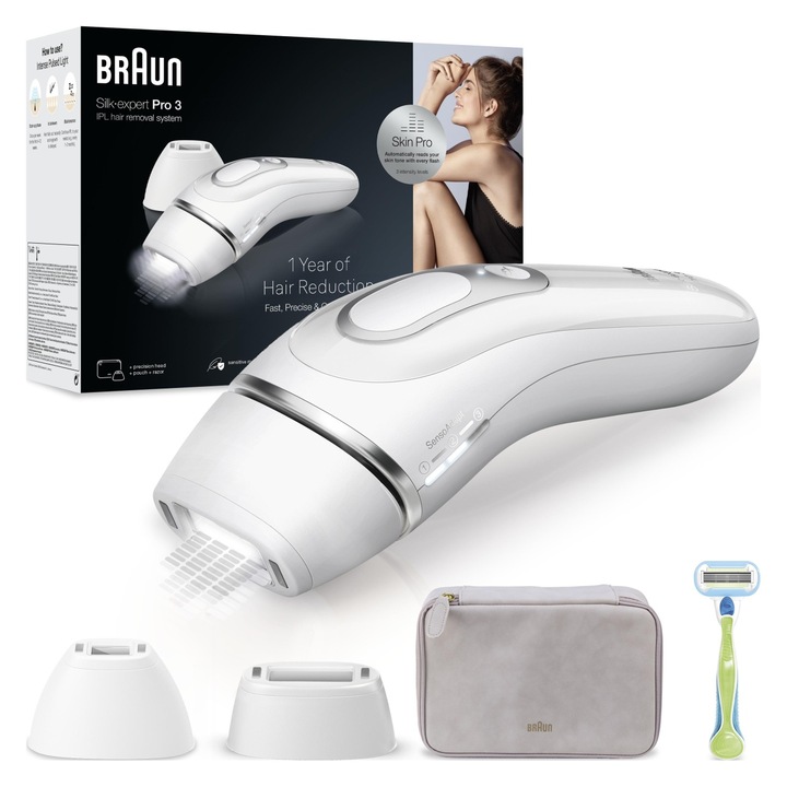 Епилатор Braun Silk Expert Pro 3 PL3132 IPL, калъф за аксесоари и самобръсначка Venus, 2 глави, употреба за суха кожа