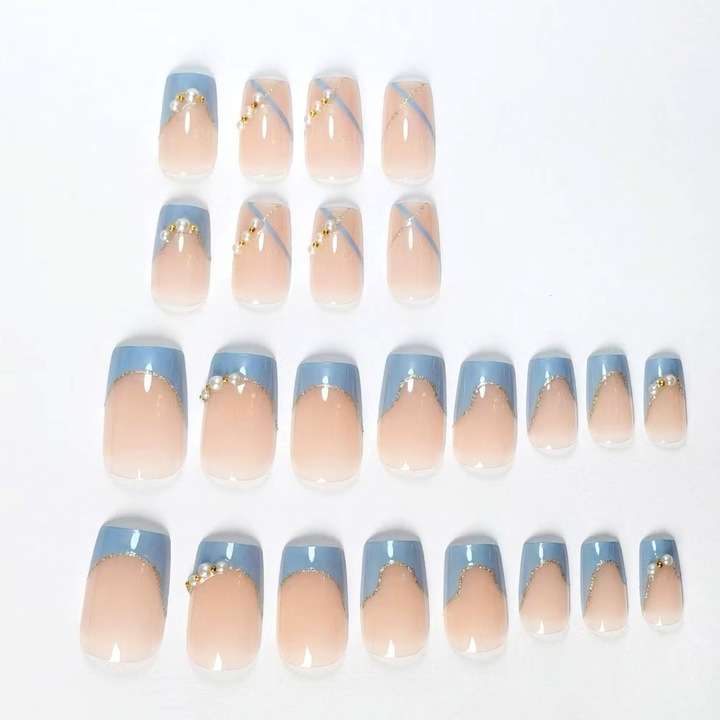 Set unghii false, 24pcs, unghii acrilice lucioase, roz-albastru perlat