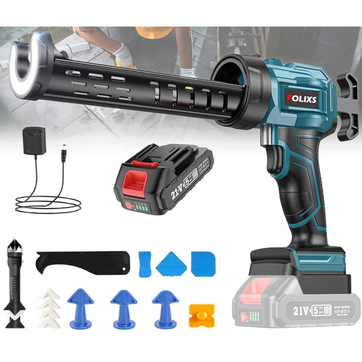 Elektromos szilikon pisztoly, Folixs®, 21V, 1.5A, 300ml-es kartussal kompatibilis, 4 sebességfokozat, LED világítás, csöpögésgátló rendszer, ablakok, ajtók, padlók és falak kitöltésére és tömítésére, kék