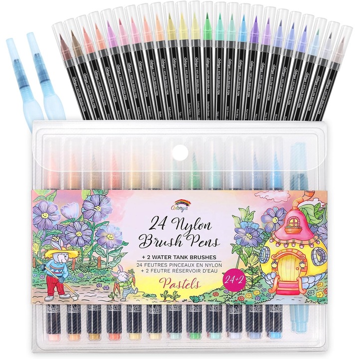 Set carioci Profesionale, Colorya, pentru pictura, caligrafie, cerneala pe baza de apa, 24 carioci cu varf flexibil, 2 pensule cu rezervor pentru apa, Multicolor
