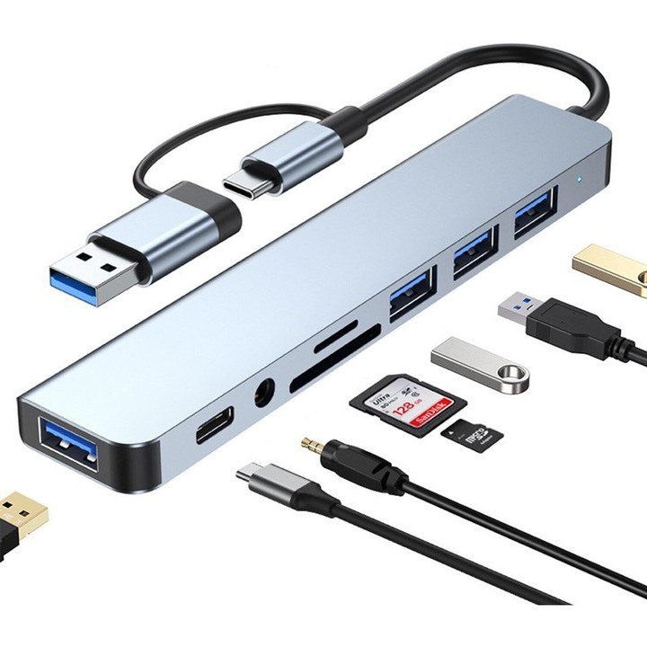 Многопортов хъб 8-в-2 USB-A и USB-C 3.0, 1 USB 3.0, 3 USB 2.0, четец SD/TF, 3.5 мм аудио жак, сив, 138x28x10 мм