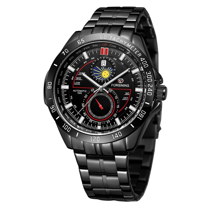 Ceas barbatesc Forsining, business, calendar, mecanism automatic-mecanic, curea din otel inoxidabil neagra