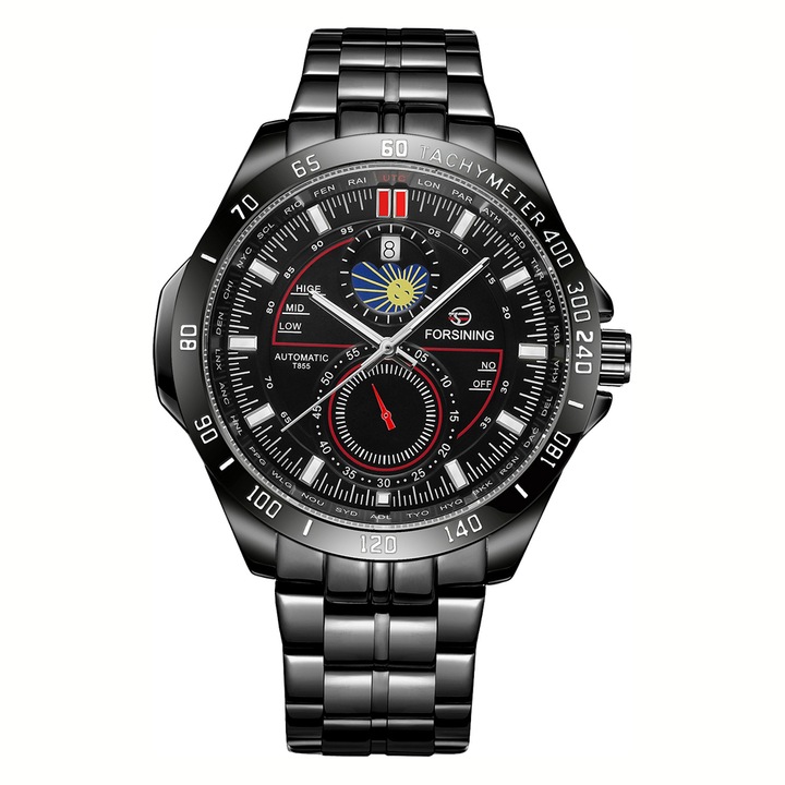 Forsining férfi karóra, üzleti, naptár, automata-mechanikus szerkezet, fekete rozsdamentes szíj