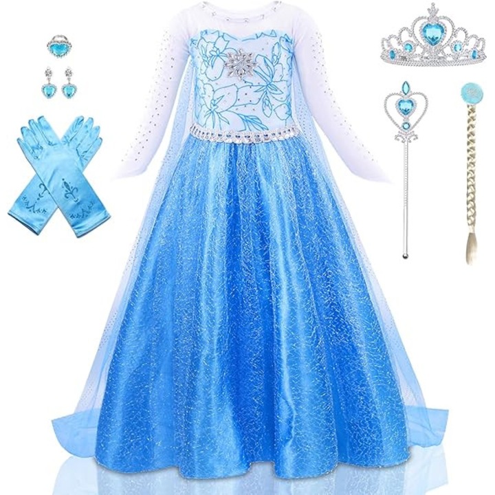 Set costum Elsa Frozen, DicBoster, 130CM, 6-8 ani, cu coroana, manusi, bagheta, coada impletita, albastru/alb
