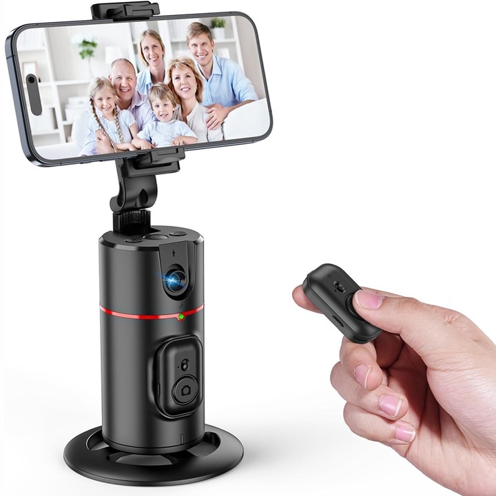 Trepied mini cu urmarire faciala, BOMSTOM, Rotire 360 grade, Control Gestual, Incarcare USB, Telecomanda, Negru, ideal pentru Vlog, Tik Tok, Instagram, You Tube, nu este necesar nici o aplicatie