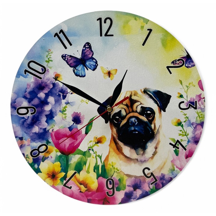 Ceas de perete colorat LazarArt - pug printre flori, cu fluture