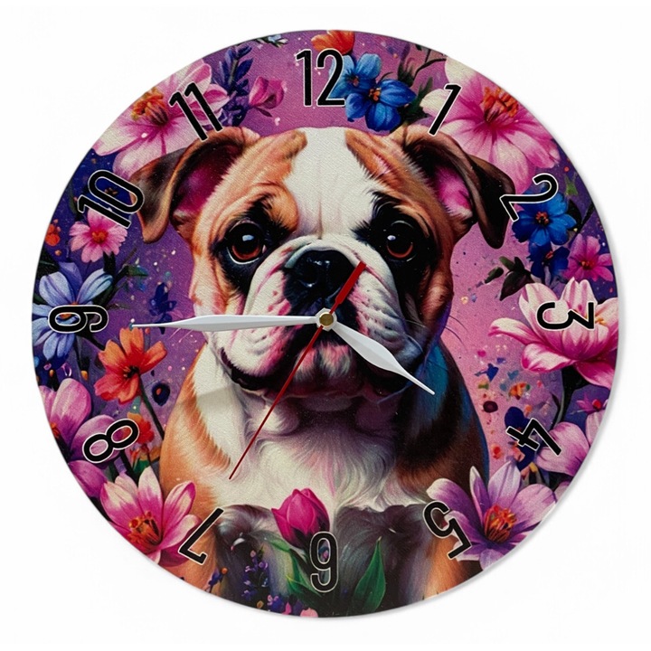 Ceas de perete colorat LazarArt - buldog printre flori