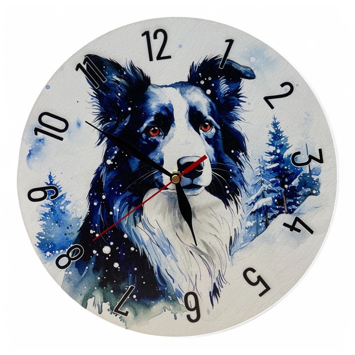 Ceas de perete colorat LazarArt - border collie pe coasta muntelui inzapezit