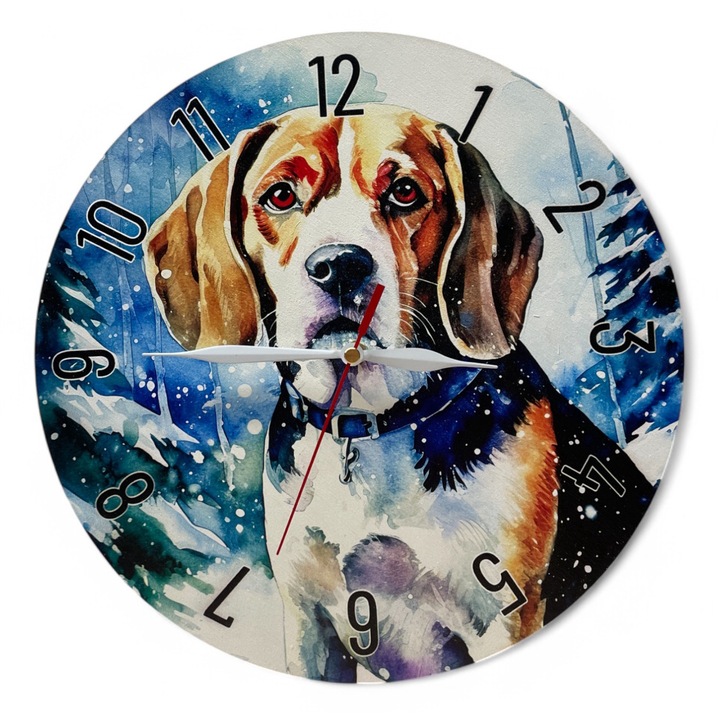 Ceas de perete colorat LazarArt - beagle pe versantul inzapezit