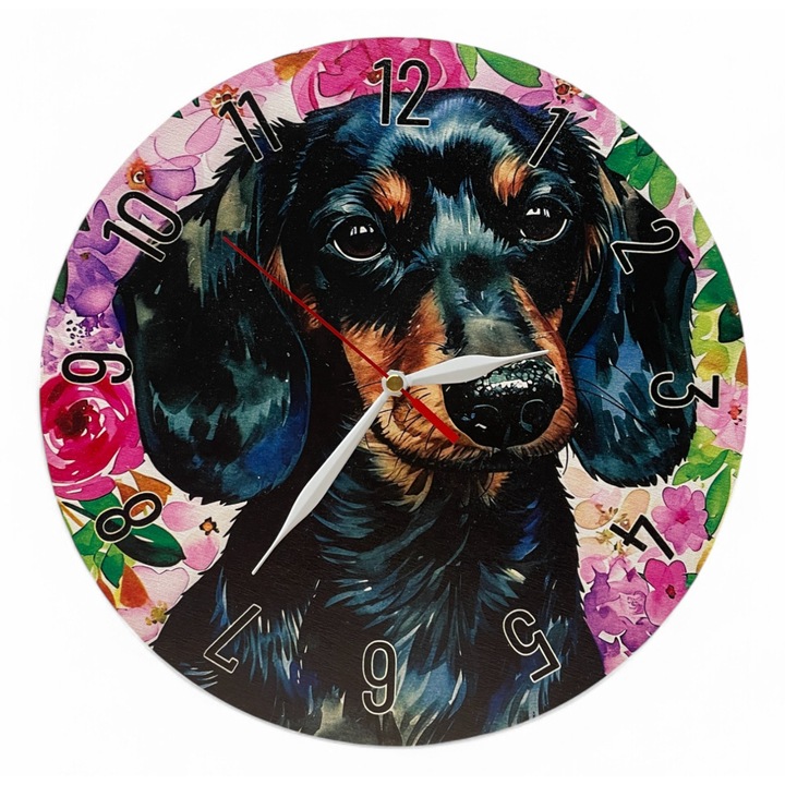 Ceas de perete colorat LazarArt - teckel cu trandafiri