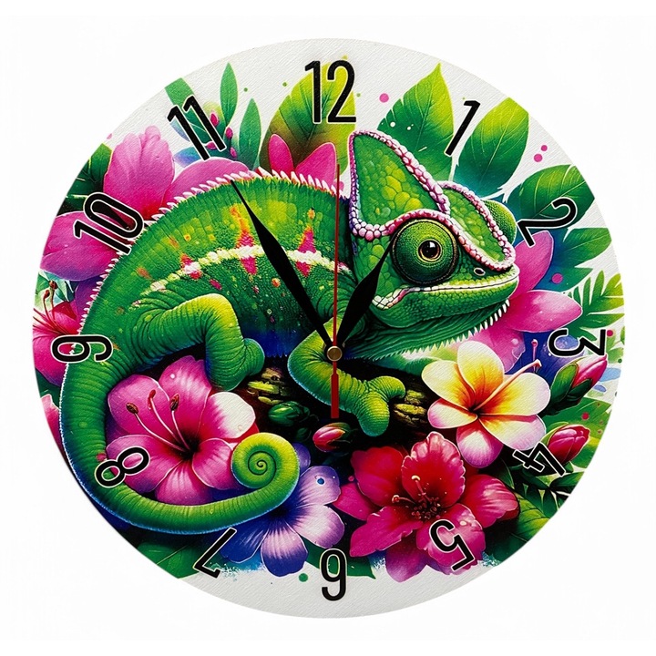 Ceas de perete colorat LazarArt - cameleon cu flori exotice