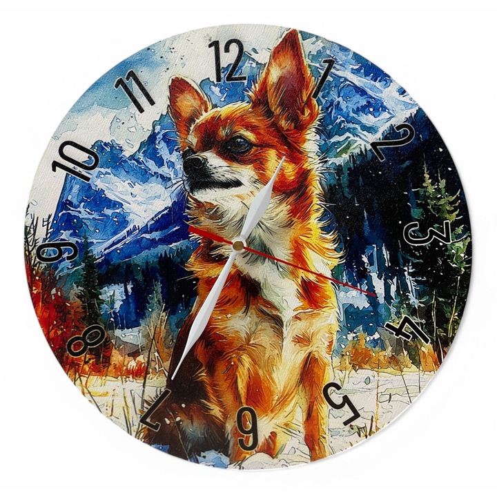 Ceas de perete colorat LazarArt - Chihuahua pe coasta muntelui de iarna
