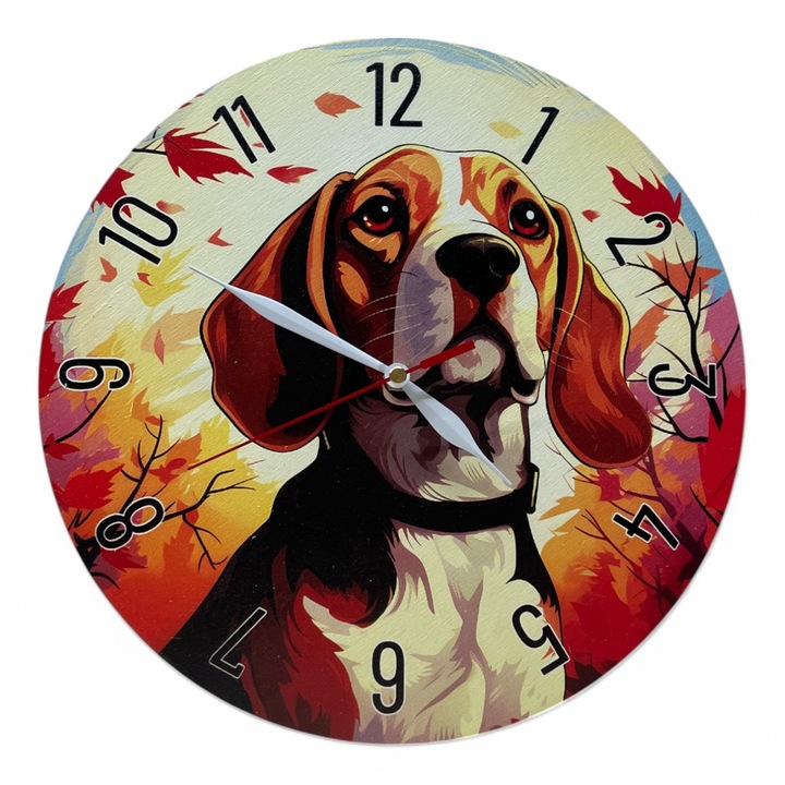 Ceas de perete colorat LazarArt - beagle in padurea de toamna