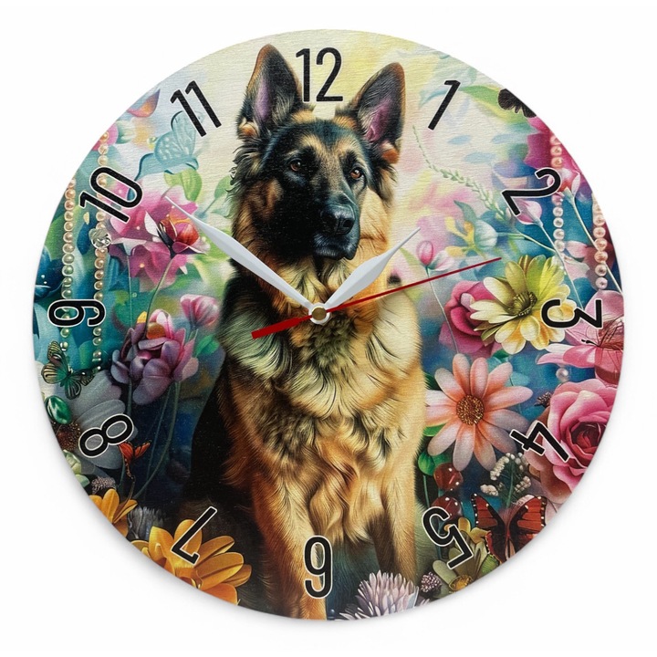 Ceas de perete colorat LazarArt - Ciobanesc German in gradina de flori