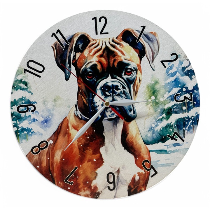 Ceas de perete colorat LazarArt - boxer in padurea inzapezita de iarna
