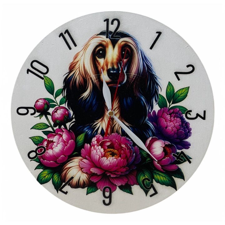 Ceas de perete colorat LazarArt - Hound Afgan cu flori