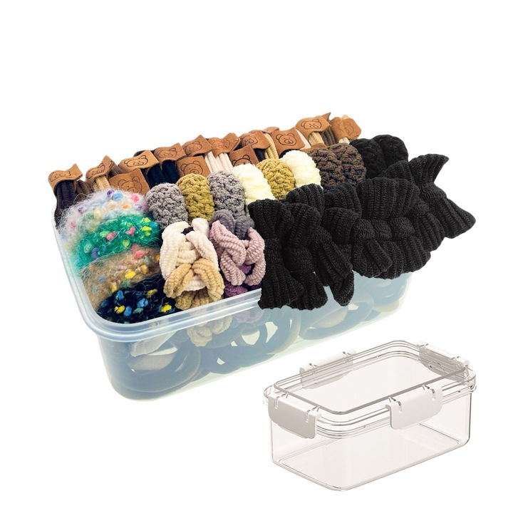 Set 136 Elastice Pentru Par, bentita cu funda, bentita pentru prosop coada de cal, bentita elastica, bentita pentru urechi de grau, Cu cutie de depozitare, Multicolor