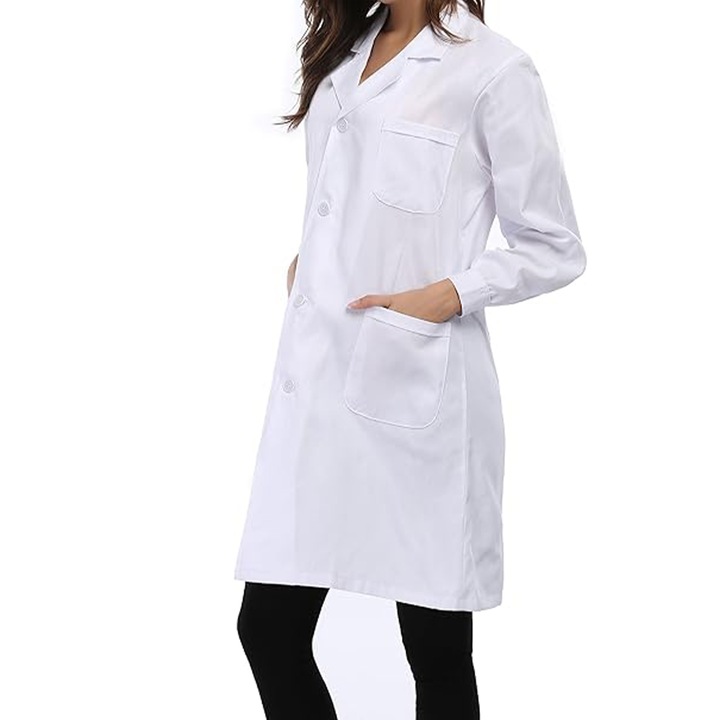 Дамска медицинска престилка с дълъг ръкав, Yulinland®, лека, устойчива на износване, мека, лесна за почистване, размер L, с 3 джоба, закопчаване с копчета, за лаборатории, болници, зъболекари, бяла