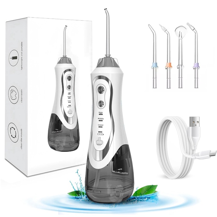 Professzionális szájzuhanyzó, 1800 impulzus/perc, 3 nyomásfokozat, 300 ml, IPX7, túlmelegedés elleni védelem, 4 fúvóka mellékelve, fehér