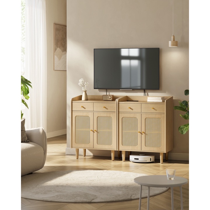 HOME BOHOVEN Collection - Bufet Cannage, Raft reglabil, stil boem, pentru sufragerie, living, stejar bej