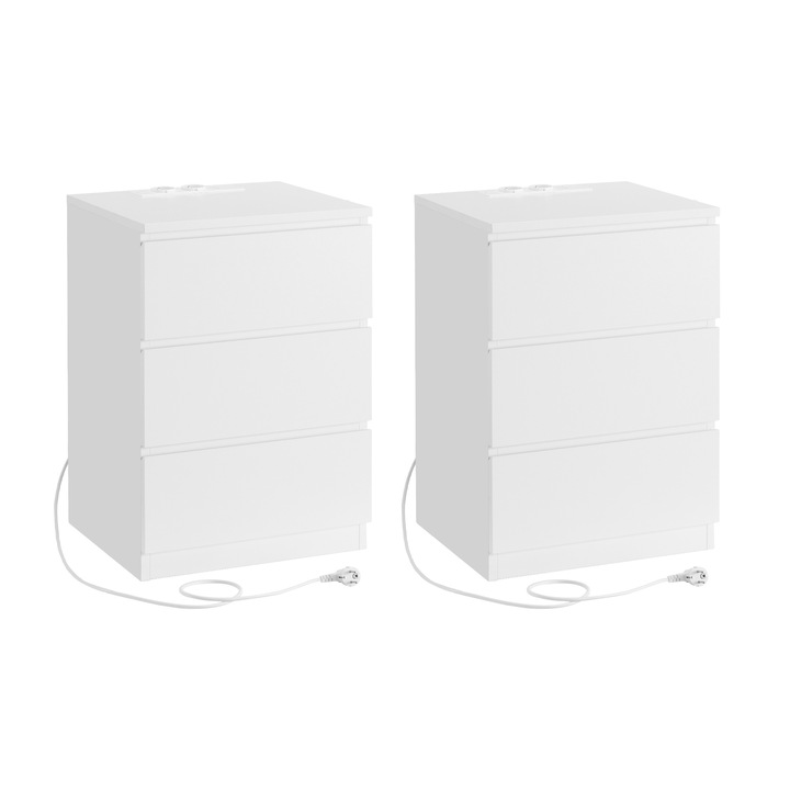 VASAGLE Set de 2 noptiere, cu sertare, 2 prize si 2 USB, 35x40x59 cm, alb
