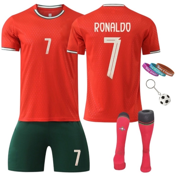 Echipament sportiv copii, MzcrJosv®, Ronaldo Portugal Fotbal Tricou Nr.7, Sezonul 2025/2026, 3 bratdsazxari, Breloc, Poliester, Rosu, 110-120 CM