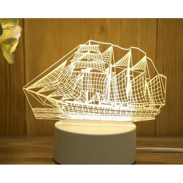 Lampa LED Decorativa, cu Efect 3D, Decor, Lumina de Noapte, din Acril, Alimentare USB, 3 Nivele de Intensitate Lumina, Tip Intrerupator Touch, Model Barca cu Panze, AlisVas-store