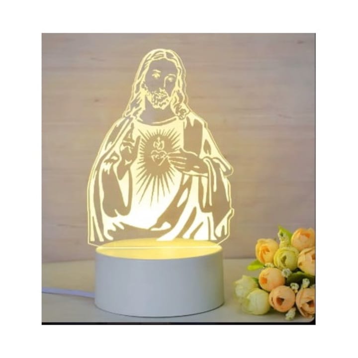 Lampa LED Decorativa, cu Efect 3D, Icoana Luminoasa, Motive Religioase, Crestinesti, din Acril, Alimentare USB, Lumina Alb Cald, Model Domnul Hristos, Mantuitorul Nostru, AlisVas-store