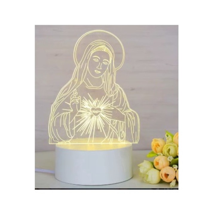 Lampa LED Decorativa, cu Efect 3D, Icoana Luminoasa, Motive Religioase, Crestinesti, Lumina de Noapte, din Acril, Alimentare USB, Lumina Alb Cald, Model Fecioara Maria, Maica Domnului, AlisVas-store