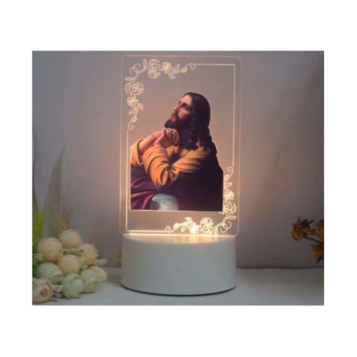 Lampa LED Decorativa, cu Efect 3D, Icoana Luminoasa, Motive Religioase, Crestinesti, din Acril, Alimentare USB, Lumina Alb Cald, Model Isus Hristos, Mantuitorul Nostru, AlisVas-store