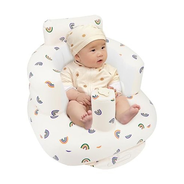 Scaun Gonflabil pentru Bebelusi, Multifunctional, Ergonomic, Unisex, 57x48x35cm, Desing Curcubeu, Confort Deplin, Pompa de Aer Incorporata, Invata bebelusii sa stea in sezut, AlisVas-store