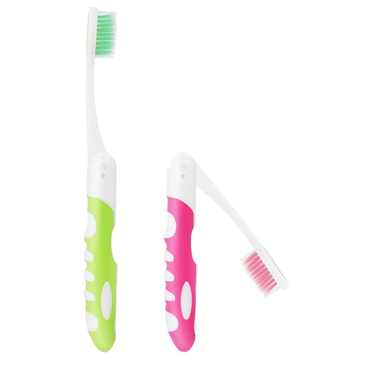 Set 2 periuta dinti pentru adulti, Hggzeg, 0.18mm, Portabil si pliabil, Moi si flexibile, Curatare eficienta, Design ergonomic, Usor de folosit, Pentru indepartarea reziduurilor alimentare si petelor, PP/TPR, 19.5x1.6cm, Verde/Roz