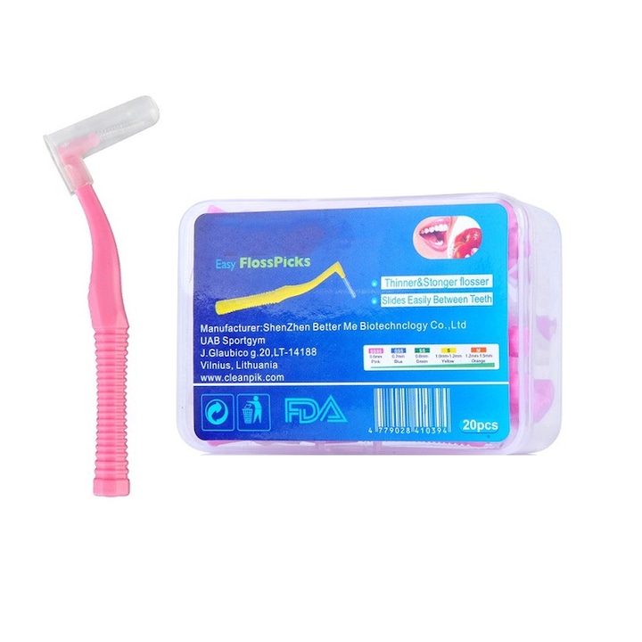 Set 20 Periute interdentare, Hggzeg, 0.6mm, Cu cutie de depozitare, Design in forma de L, Moi si flexibile, Portabil, Pentru Indeparteaza respiratia urat mirositoare, placa bacteriana, tartrul, PP, 9x6x3.5cm, Roz