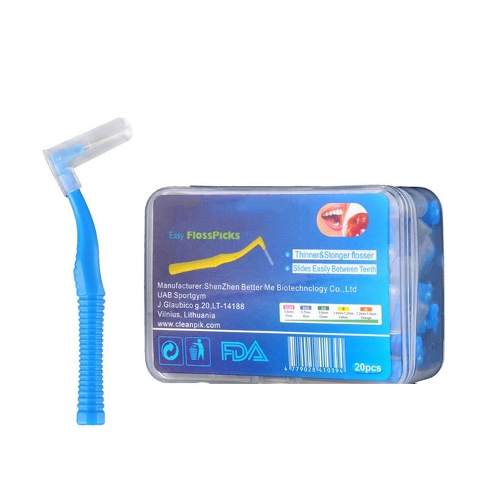 Set 20 Periute interdentare, Hggzeg, 0.7mm, Cu cutie de depozitare, Design in forma de L, Moi si flexibile, Portabil, Pentru Indeparteaza respiratia urat mirositoare, placa bacteriana, tartrul, PP, 9x6x3.5cm, Albastru