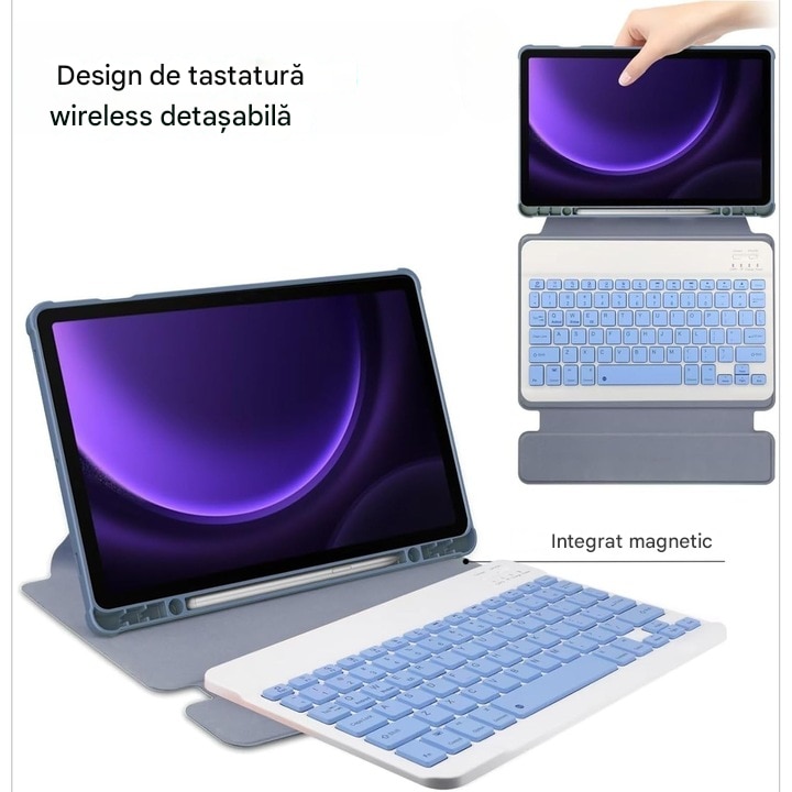 Husa tableta, Compatibil cu pentru Samsung Galaxy Tab S9 FE, Design suport 360 de grade, functie automata de somn / trezire, design magnetic, tastatura detasabila, incizie precisa, anti picatura, violet lavanda