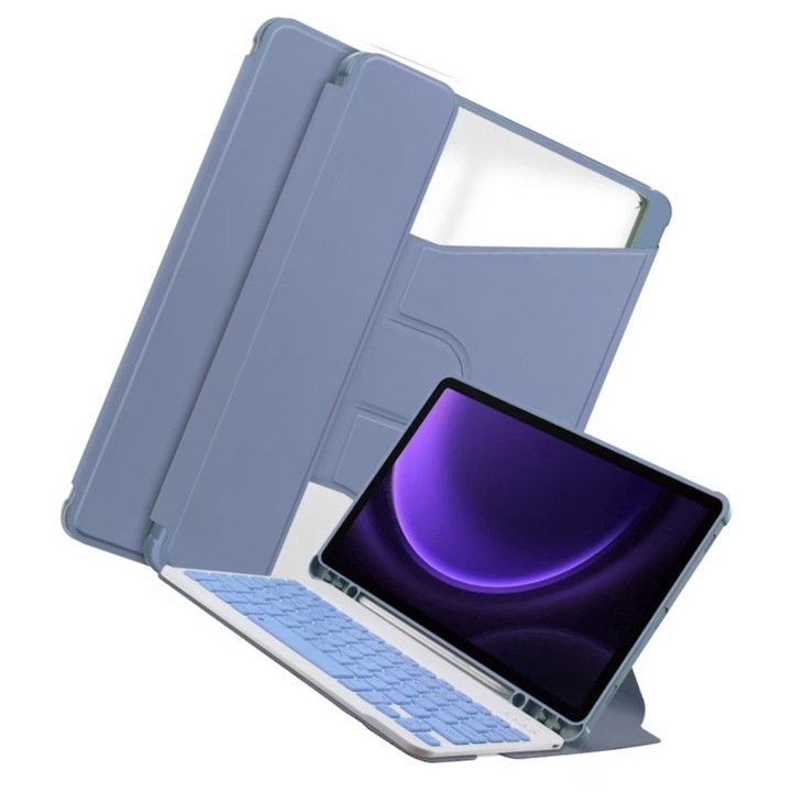 Táblagép tok, kompatibilis a Samsung Galaxy Tab S9 FE készülékkel, 360 fokos állványkialakítás, automatikus alvás/ébresztés funkció, mágneses kialakítás, levehető billentyűzet, precíz bemetszés, leesésgátló, levendula lila