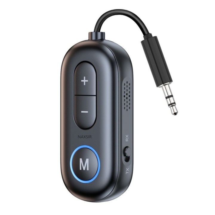 Bluetooth 5.4 audio vevő adó, NAXSIR, Beépített mikrofon, Kihangosító hívások, AUX, Hordozható, Autóhoz, TV-hez, PC-hez, Fejhallgató, 14 órás akkumulátor-élettartam, Type-C töltés, Fekete