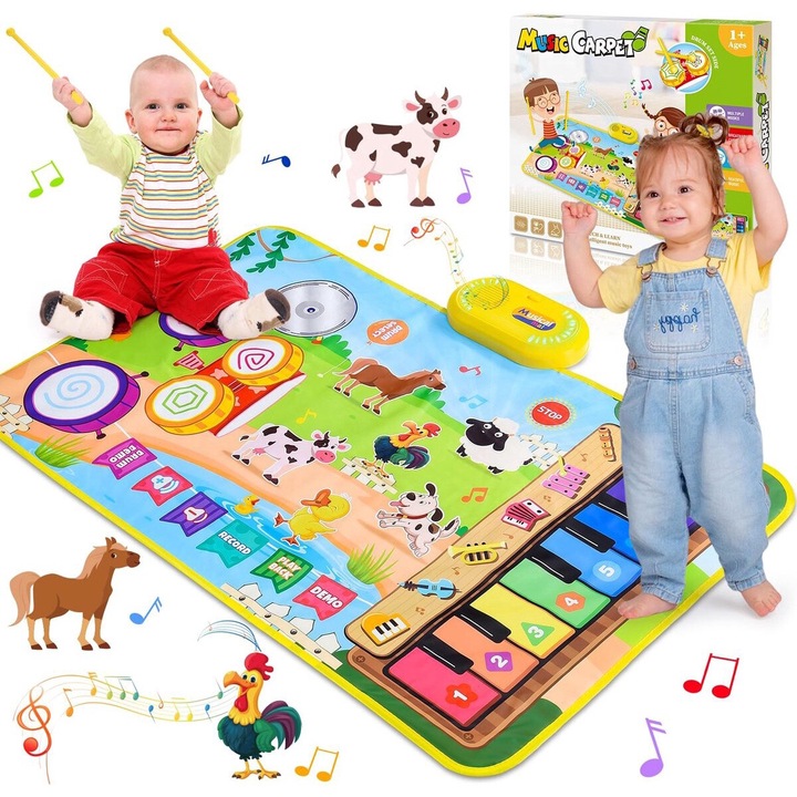 Covoras muzical 3 in 1 - Jucarii pentru copii 1 2 3 ani - Covoras de dans - Covoras de joaca cu atingere pentru animale de ferma - Set de tastatura de pian si tobe cu 2 bete - Cadou Jucarii educationale pentru invatare muzicala timpurie