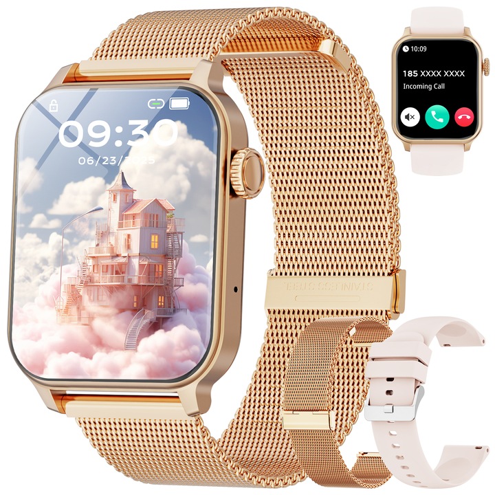 Смарт Часовник, jiesuo, jx633,1,85 инча екран Управление на здравето на жените Bluetooth разговори Мониторинг на сърдечната честота и кислорода в кръвта Социална информация Интелигентни известия Спортен режим Режим на заспиване Гласов асистент Злато