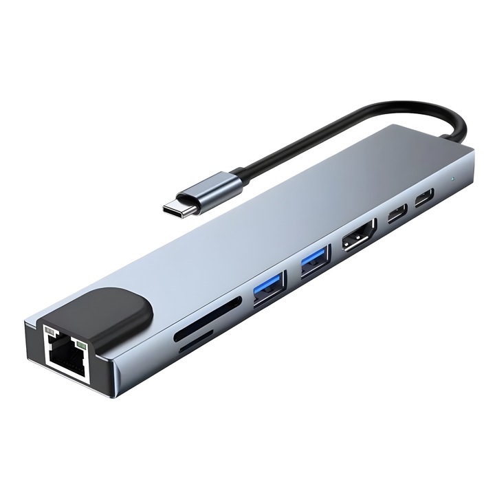 Хъб USB C 8 в 1 SuooTci, 4K HDMI, 100W PD, сребрист, 152x32x11mm