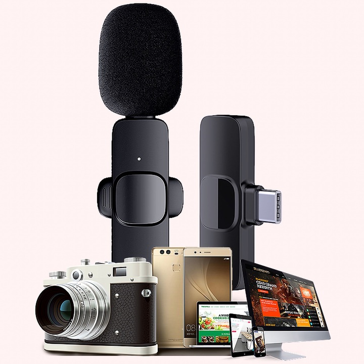 Microfon lavalier wireless Enforose, design mini, reducere zgomot, compatibilitate larga, 75mAh, set complet