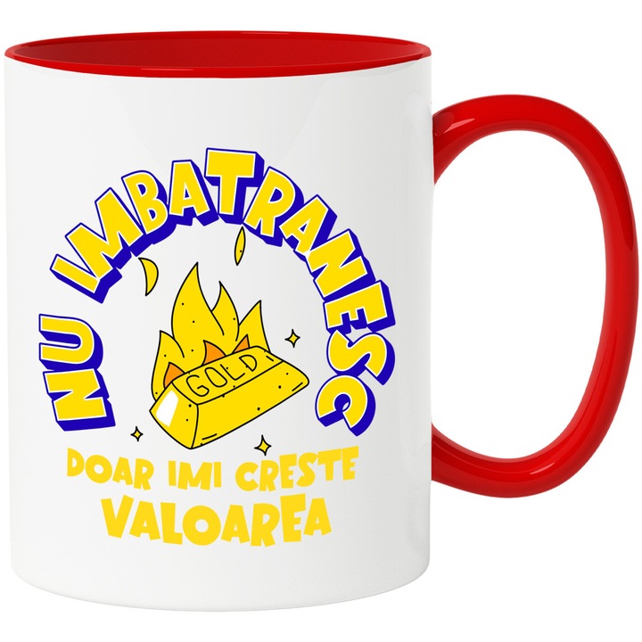 Чаша със слитък от жълто злато в пламъци Забавен текст I Don't Stare I Just Increase My Value, керамика, 330 мл, с червена дръжка