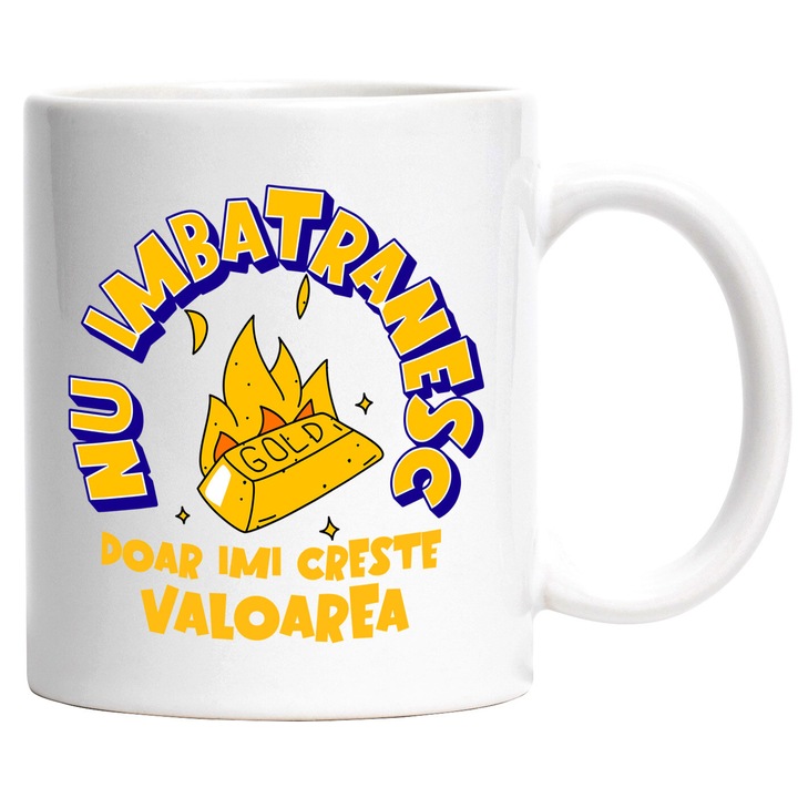 Чаша със слитък от жълто злато в пламъци Забавен текст I Don't Stare I Just Increase My Value, керамика, 330 мл, с бяла дръжка