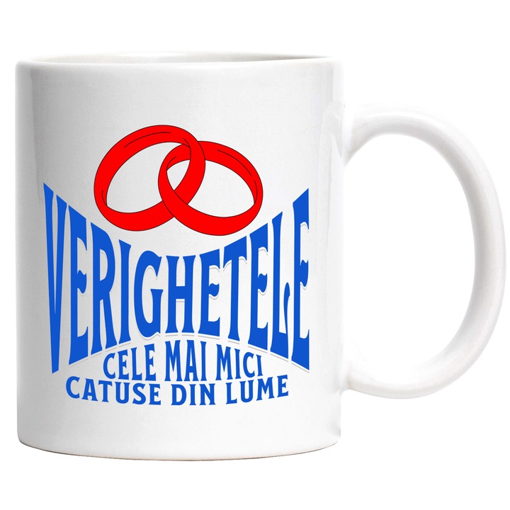 Cana cu Inele Rosii Pereche Pe Viata Mesaj Haios Verghetele Cele Mai Mici Catuse Din Lume, Ceramica, 330ML, cu Maner Alb