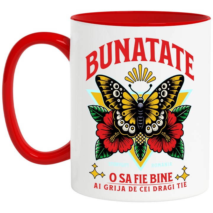 Cana cu Fluture Colorat natura Flori Colorate Text Bunatate O Sa Fie Bine Ai Grija De Cei Dragi, Ceramica, 330ML, cu Maner Rosu