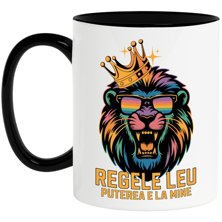 Cana cu Portret Regele Leu Furios cu Ochelari De Soare Si Coroana De Aur Text Puterea e la Mine, Ceramica, 330ML, cu Maner Negru