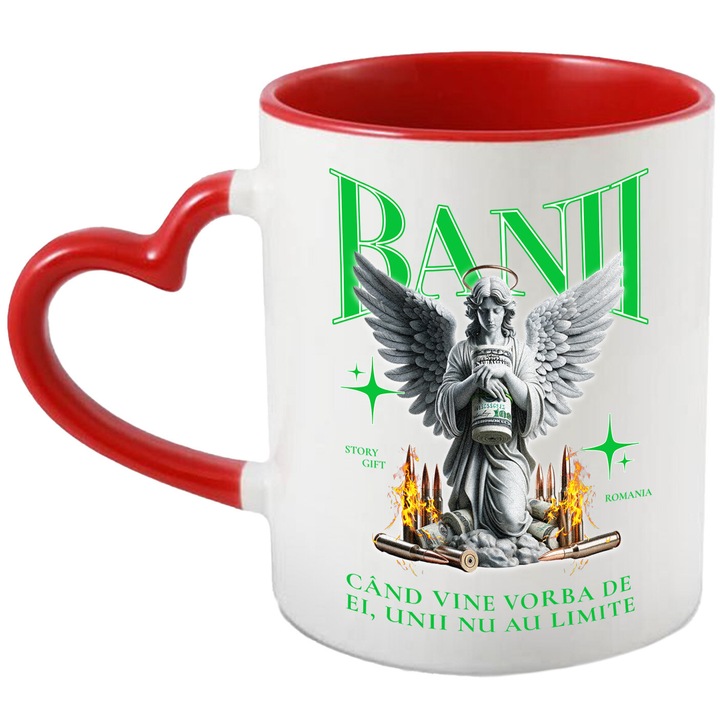 Cana cu Statuie cu bancnote Banii, Mesaj Cand Vine vorba de ei unii nu au limite, Ceramica, 330ML, cu Maner Inima Rosie
