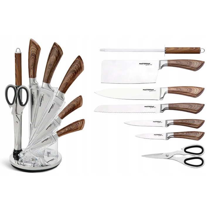 Set De Cutite De Bucatarie, Masterpan, 8 Elemente, Suport Pentru Cutite, Otel Inoxidabil, Maro