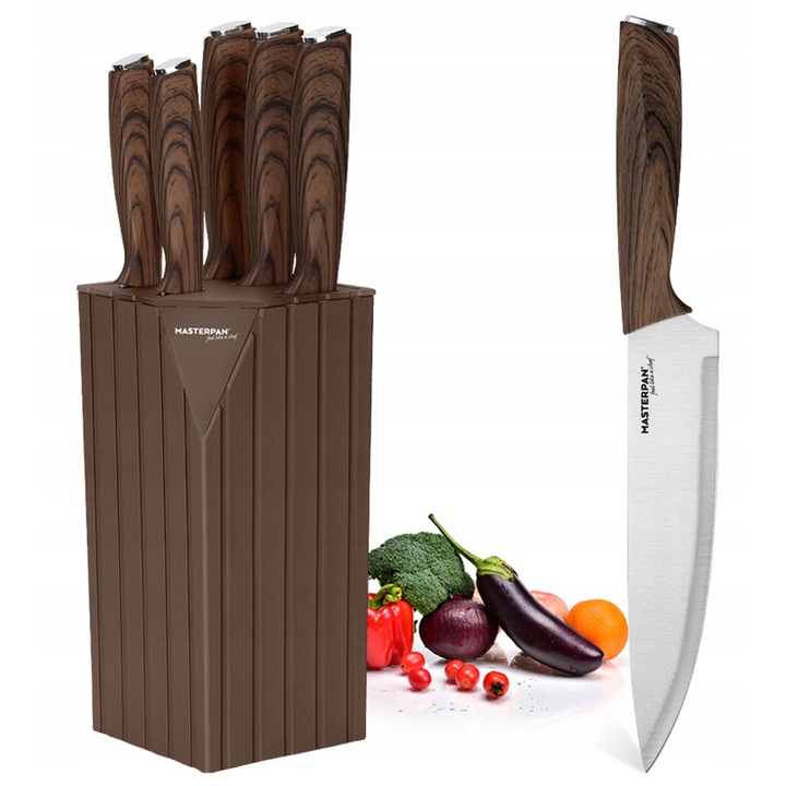 Set De Cutite De Bucatarie, Masterpan, 6 Elemente, Suport Pentru Cutite Patrat, Otel Inoxidabil, Maro